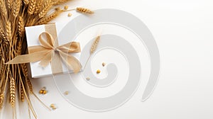 Cottagecore-inspired White Gift Box With Gold Ribbon And Wheat Decoration