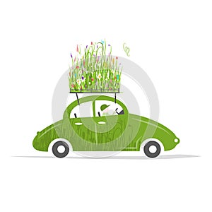 Cottager driving green car with plants on roof