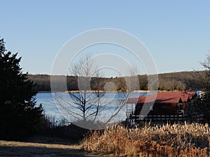 Cottages facing the waters of Lake Murray in autumn