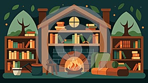 The cottages library is a cozy haven with shelves lined with worn leatherbound books and a fireplace crackling with