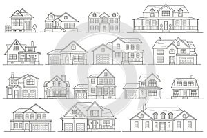 Cottages of neighborhood the city, the houses of the suburbs residential area. Low-rise buildings of the village. Set of