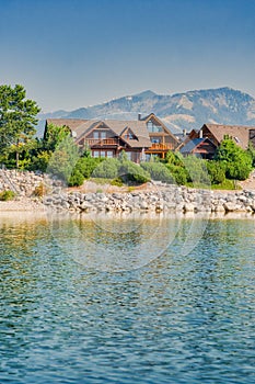 Cottages on the shore of Liptovska Mara dam near Liptovsky Trnovec