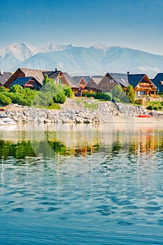 Cottages on the shore of Liptovska Mara dam near Liptovsky Trnovec