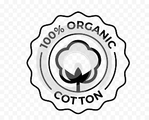 Cotton 100 organic bio and eco certificate icon, vector package stamp. Cotton flower logo for certified natural eco textile fabric