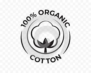 Cotton 100 organic icon, bio and eco natural product certificate logo, vector cotton flower stamp