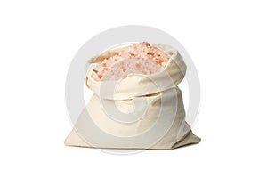 Cotton bag with pink himalayan salt isolated on white background