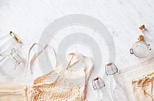 Cotton bags and glass jars top view