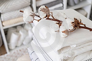 Cotton branch with pile of folded bed sheets and blankets