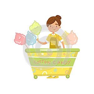 Cotton candy cart with female seller, food kiosk on wheels cartoon vector Illustration