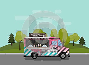 Cotton Candy, a kiosk on wheels, retail, candy and confectionery, illustrated and flat style vector illustration against