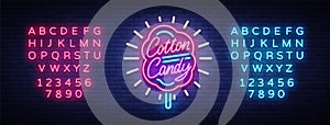 Cotton candy neon sign. Cotton candy logo in neon style symbol banner light, bright cotton candy night advertising