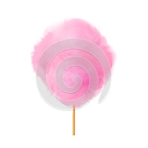 Cotton candy. Realistic pink cotton candy on wooden stick. Summer tasty and sweet snack for children in parks and food