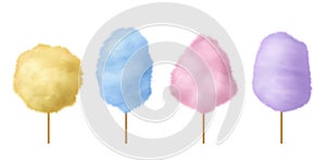 Cotton candy. Sweet sugar candyfloss pink, blue and yellow yummy fluffy dessert with stick, traditional carnival or