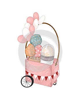 Cotton candy. Vintage cotton candy cart. Amusement park. Retro illustration