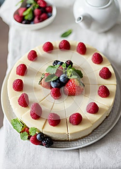 Cotton cheesecake with mint and strawberry on a gray plate. Close up