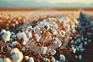 Cotton farm during harvest season. Field of cotton plants with white bolls. Sustainable and eco-friendly practice on a cotton farm