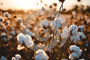 Cotton farm during harvest season. Field of cotton plants with white bolls. Sustainable and eco-friendly practice on a cotton farm