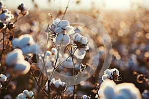Cotton farm during harvest season. Field of cotton plants with white bolls. Sustainable and eco-friendly practice on a cotton farm