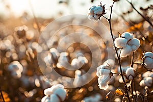 Cotton farm during harvest season. Field of cotton plants with white bolls. Sustainable and eco-friendly practice on a cotton farm