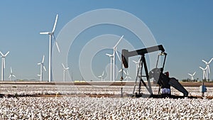Cotton Field Agriculture Wind Turbines Oil Derrick Energy Production