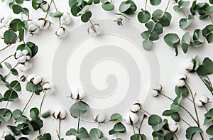 Cotton Flowers and Green Leaves on White Background