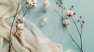 Cotton Flowers and White Cloth on Blue Background