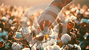 Cotton Harvesting. Blooming cotton field, evaluates crop, before harvest, under a golden sunset