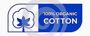 Cotton icon, organic natural fabric logo clothes vector label, 100% cotton quality certificate stamp tag