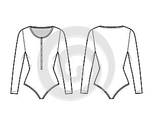 Cotton-jersey t-shirt bodysuit technical fashion illustration with long sleeves, scoop henley neck. Flat one-piece