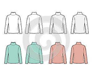 Cotton jersey top technical fashion illustration set with turtleneck, tunic length oversized body long sleeves flat. photo