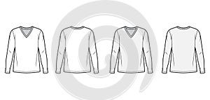 Cotton jersey top technical fashion illustration set with V neck, tunic length oversized body long sleeves flat. photo