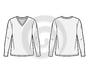 Cotton jersey top technical fashion illustration with V neck, tunic length oversized body long sleeves flat. photo