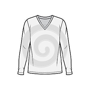 Cotton jersey top technical fashion illustration with V neck, tunic length oversized body long sleeves flat. photo