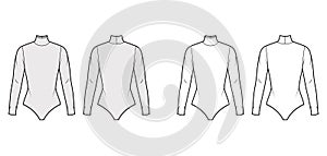 Cotton-jersey turtleneck bodysuit technical fashion illustration with fitted knit body, long sleeves. Flat outwear shirt