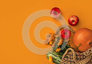 Cotton mesh bag with fresh colorful fruits and vegetables on orange background. Shopping and healthy lifestyle concept