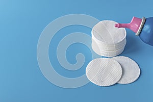 Cotton pads for skin care, for cleansing the face of cosmetics with tonic or micellar cleansing water. Cosmetic products.