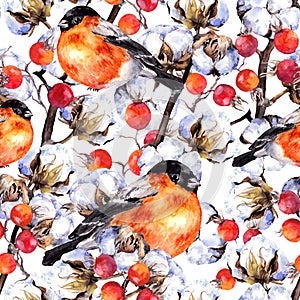 Cotton plant branches, red berries, winter finch birds. Repeating pattern. Watercolor