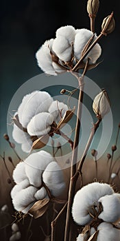 Cotton plant on dark background. 3d illustration. Copy space.