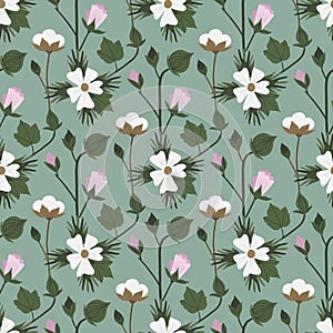 Cotton plant and flower seamless pattern on a green background