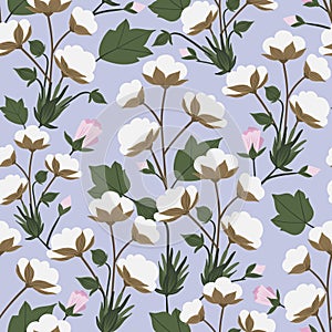 Cotton plant and flower seamless pattern on a purple background