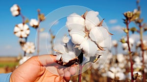 Cotton plant in hand on a background of blue sky. Close-up.