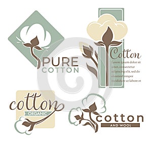 Cotton plant isolated icons pure and organic product