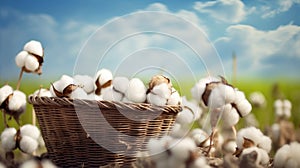 Cotton plant in wicker basket on field with blue sky background. Generative AI.