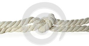 Cotton rope with knot on white background