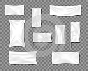 Cotton White empty smooth flag poster or placard templates set. 3d Detailed Fabric blank textile banners for advertising