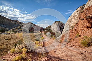 Utah Desert Road close to slot canyons and sandstone rock formations