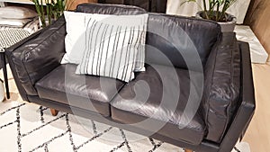 Couch black living room with leather sofa with beige fashion cushion carpet at home house