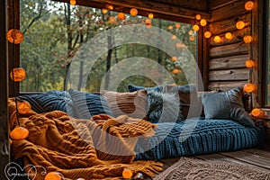 A couch covered in blankets and pillows with lights strung around it, AI