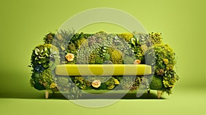 Couch furniture made of living plants on green background - eco design concept illustration