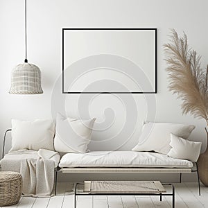 Couch with pillows and a blanket in a room, Canvas wall art mockup